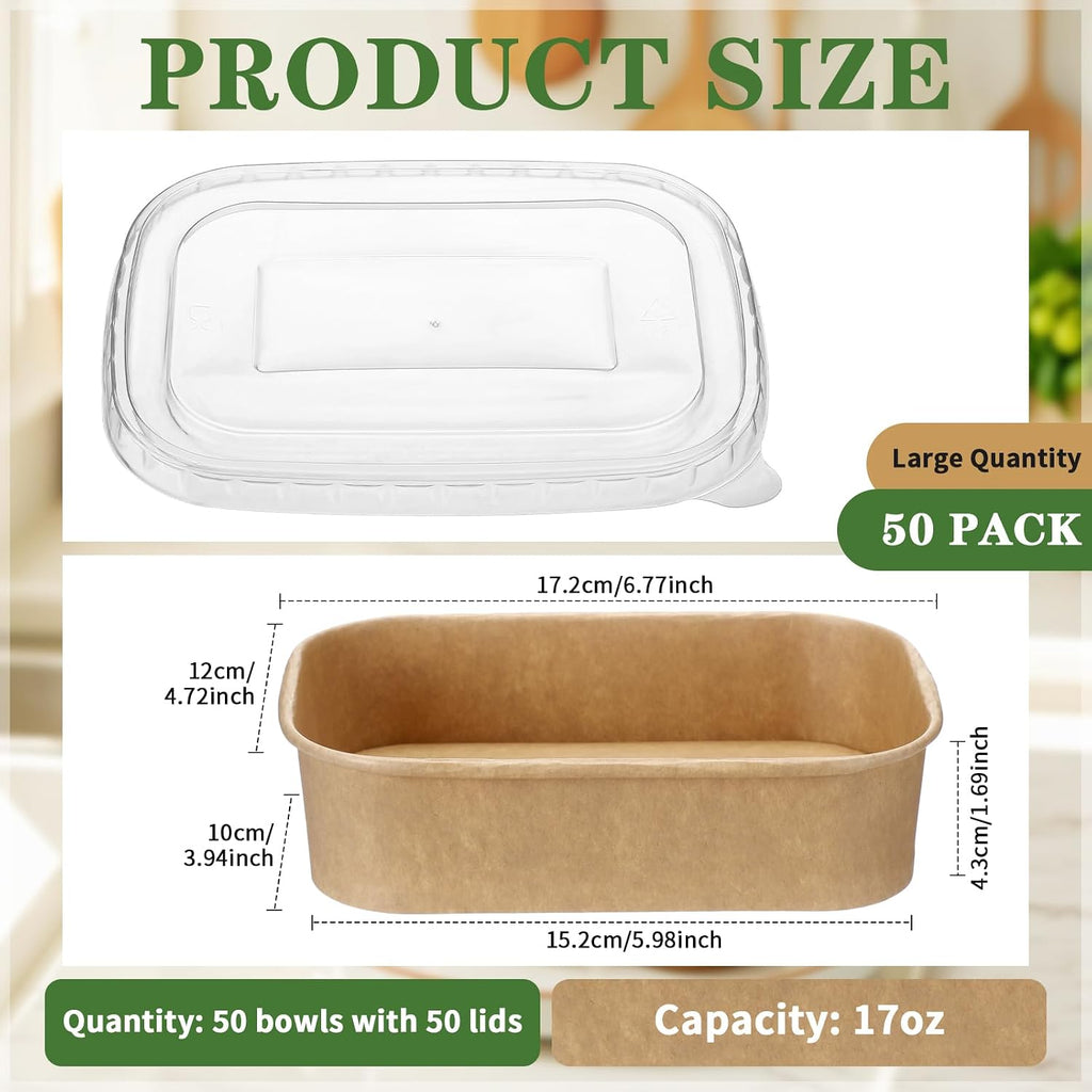 50 Pack 17 oz Disposable Meal Prep Containers Food Bowls with Lids