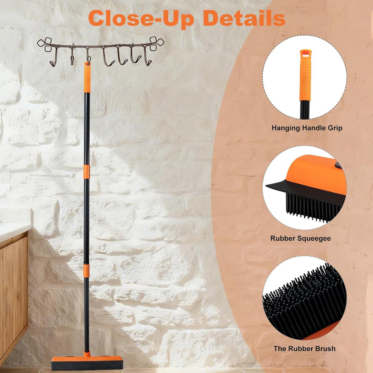 Rubber Broom and Carpet Rake for Pet Hair Removal, 49 Inch Three Section Stainless Steel Pole, Hair Removal Tool, Pet