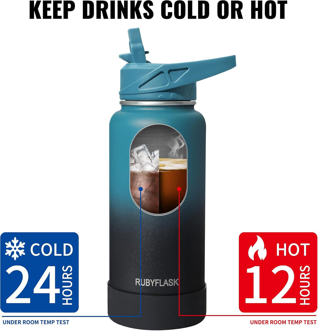 32oz Insulated Water Bottle with Straw, Stainless Steel Metal Vacuum Water Flask, Large Thermal Water bottle with