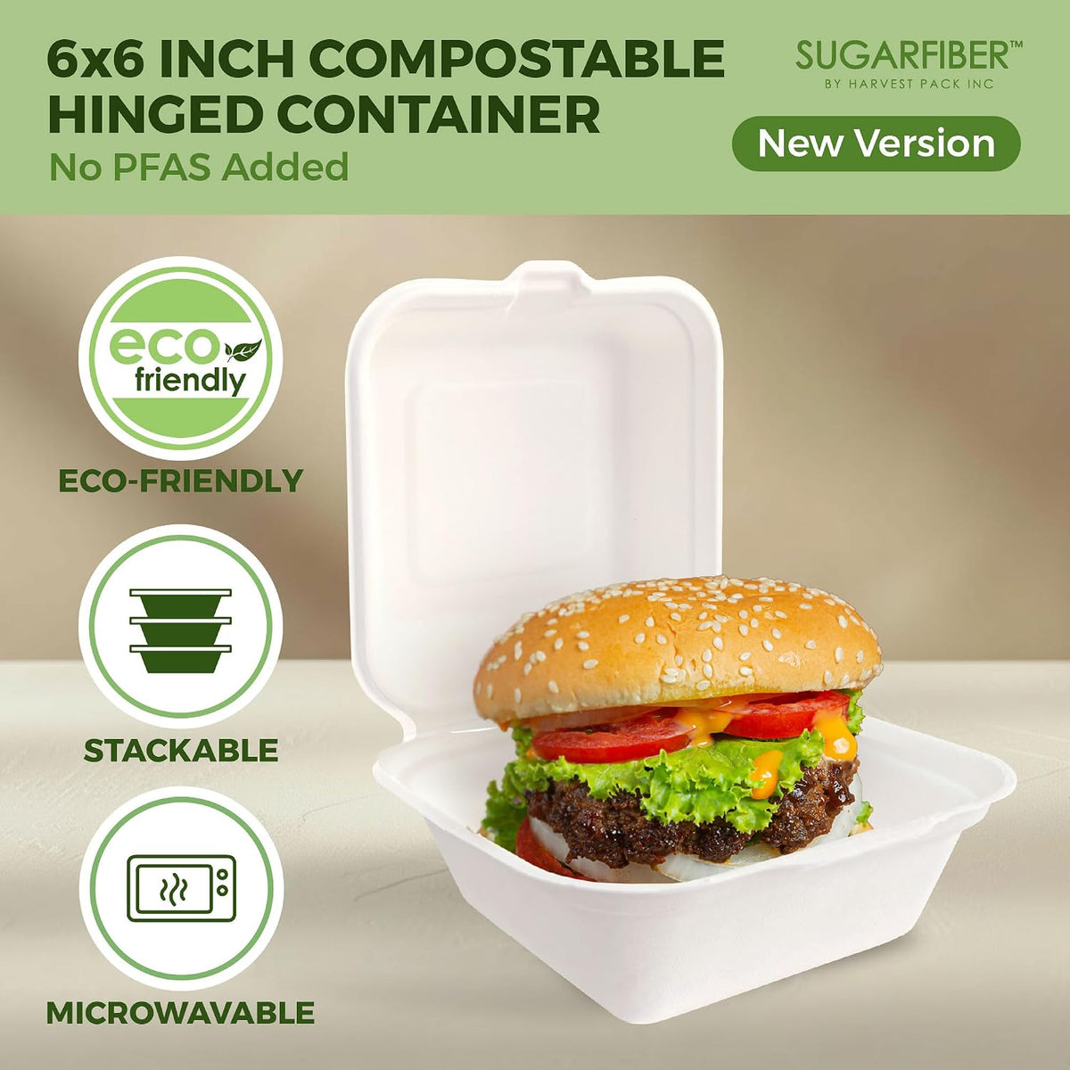 6X6 inch Compostable White Clamshell Take Out Food Containers with Lids