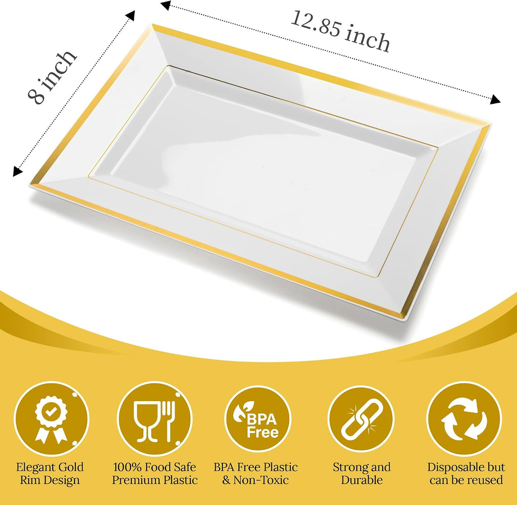 Elegant Plastic Serving Tray & Platter Set (6pk) - White & Gold Rim Disposable Serving Trays & Platters for Food