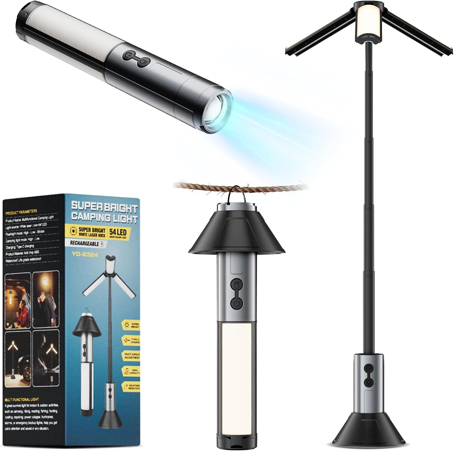 Rechargeable Camping Lantern, 8000mAh Telescoping LED Work Light with 5-Section Adjustable Height, Bottom Spotlight
