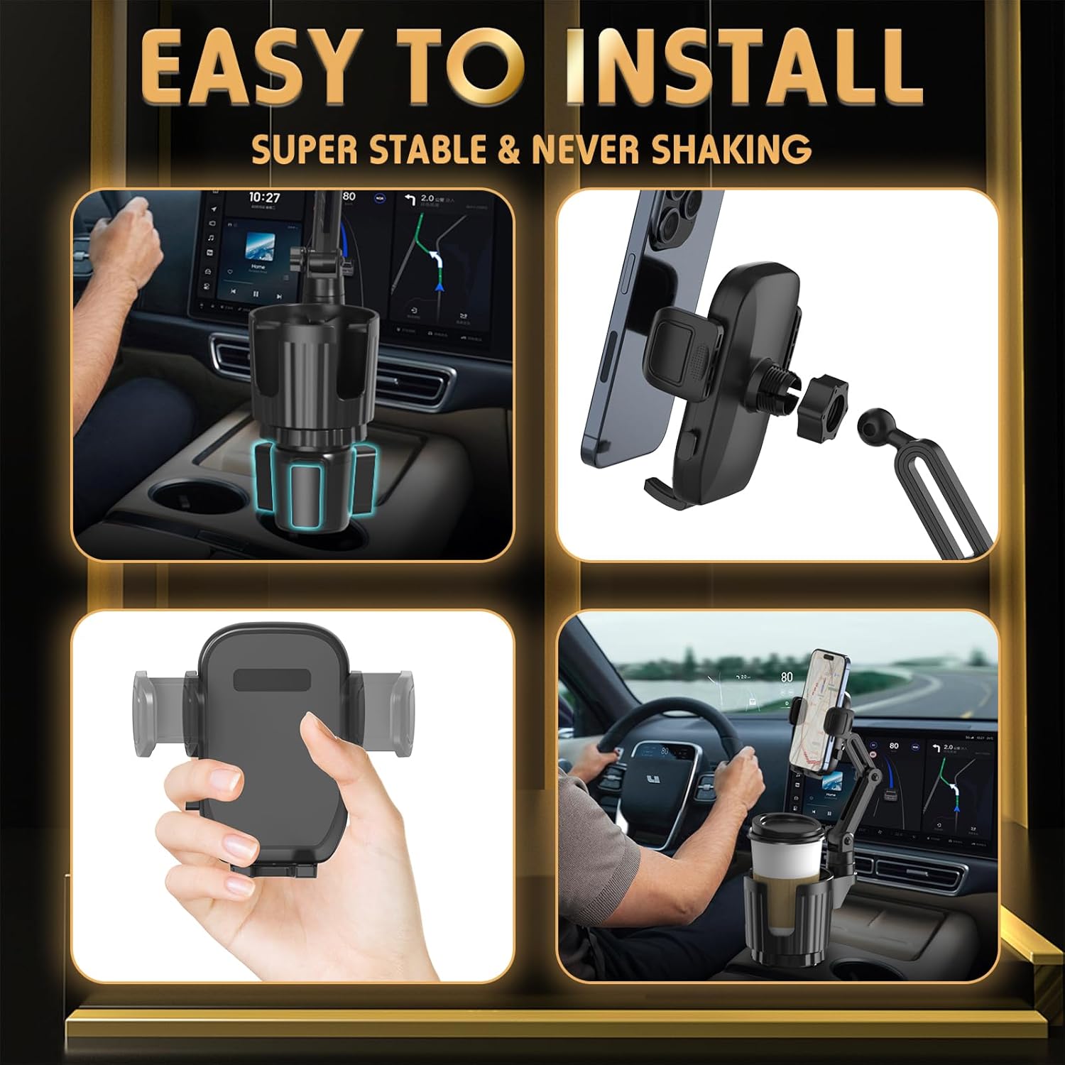 Phone Holders for Your Car, 2 in 1 Universal Cup Holder Expander Adjustable Base with Phone Mount, Long Arm with