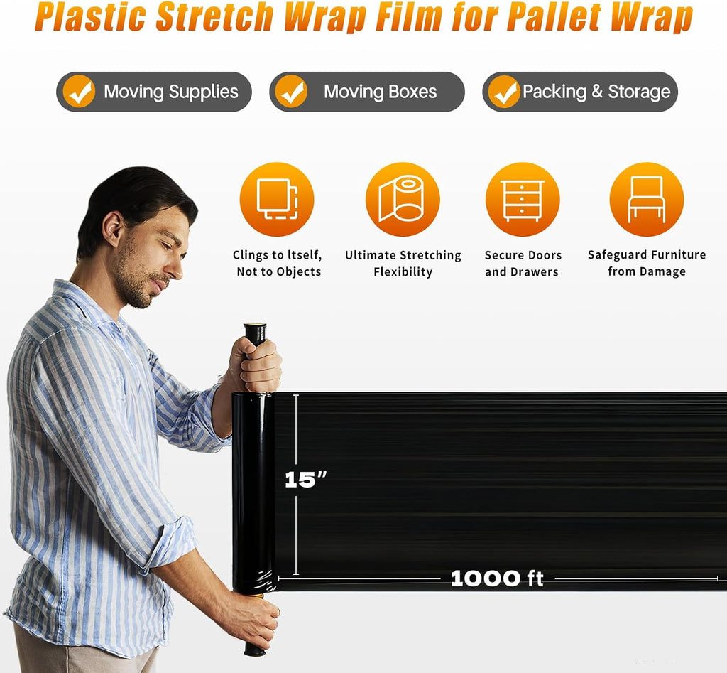 Black Stretch Wrap Shrink Film for Moving Supplies (15inch, 2 Pack) x 1000ft, Industrial Strength Plastic Wrap