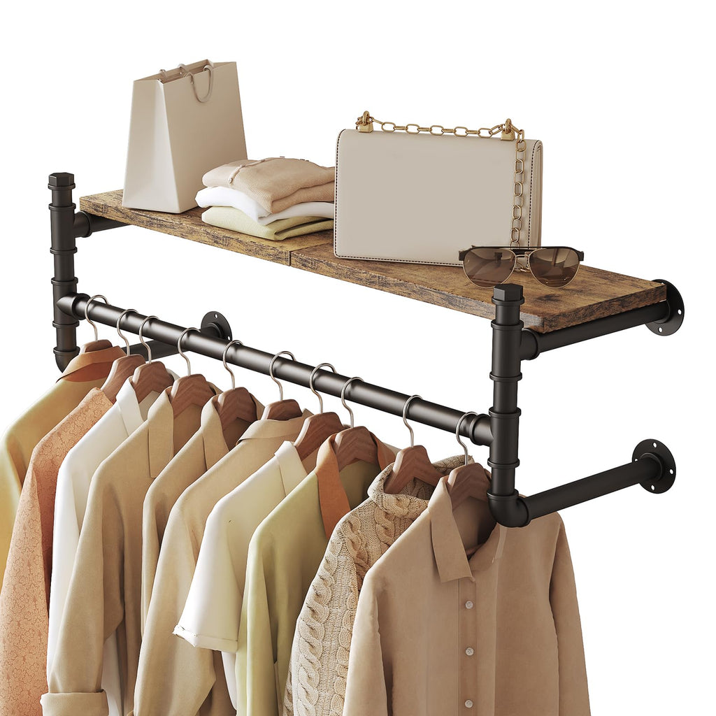 Industrial Pipe Clothing Rack,Wall Mounted Clothes Rack with Shelf