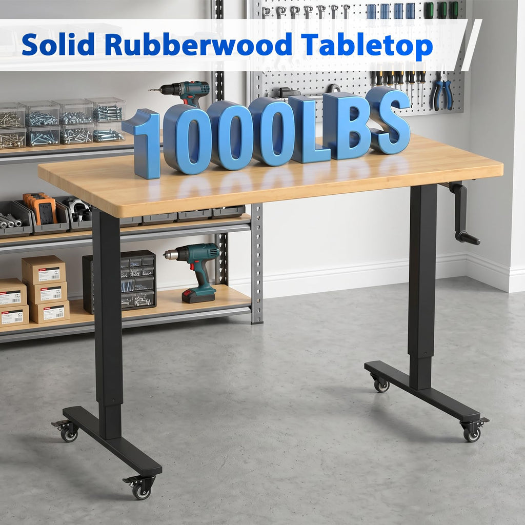 48" Adjustable Height Workbench with 1000LBS Capacity, Solid Wood Work Bench with Crank Handle, Heavy Duty Workbench