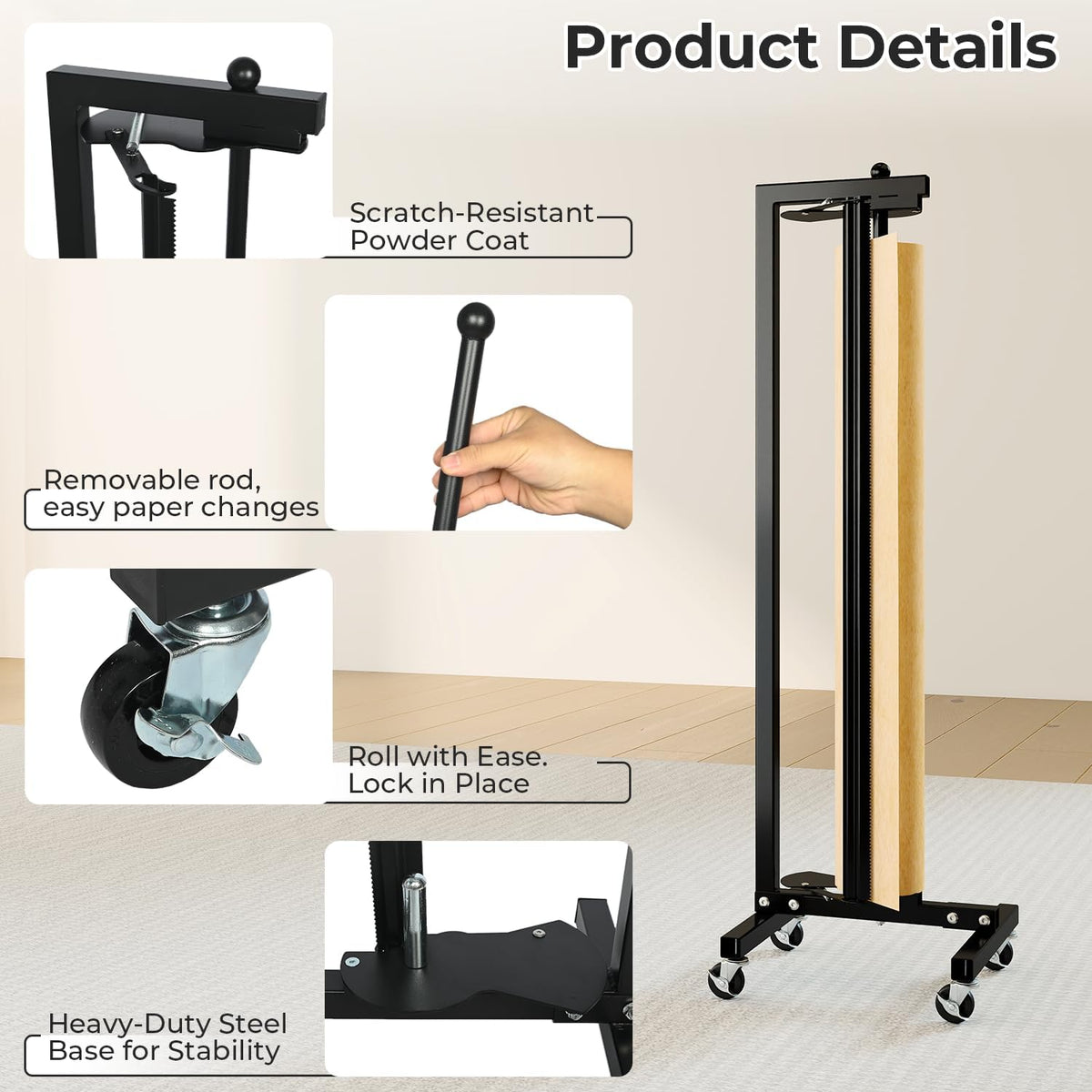 36" Vertical Paper Roll Dispenser, Butcher Paper Roll Rack & Cutter, Wheels