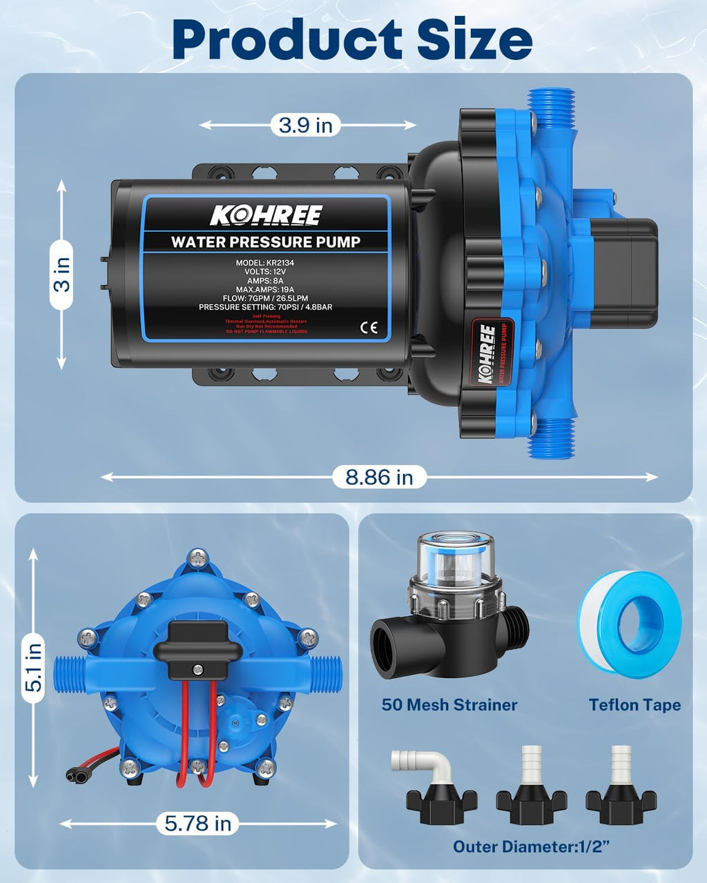 Kohree 12V RV Water Pump 7GPM 70 PSI, Self-Priming 5-Chamber Diaphragm Pump