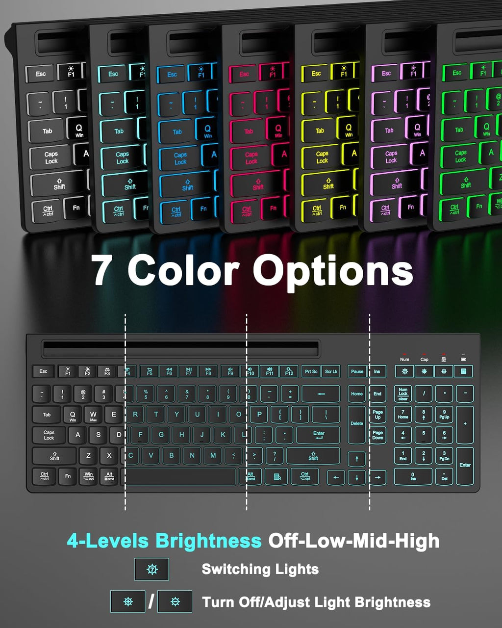 Wireless Keyboard and Mouse Combo, 7 Backlit Effects, Light Up Letters, Rechargeable, Phone Holder, 6 Button Mouse