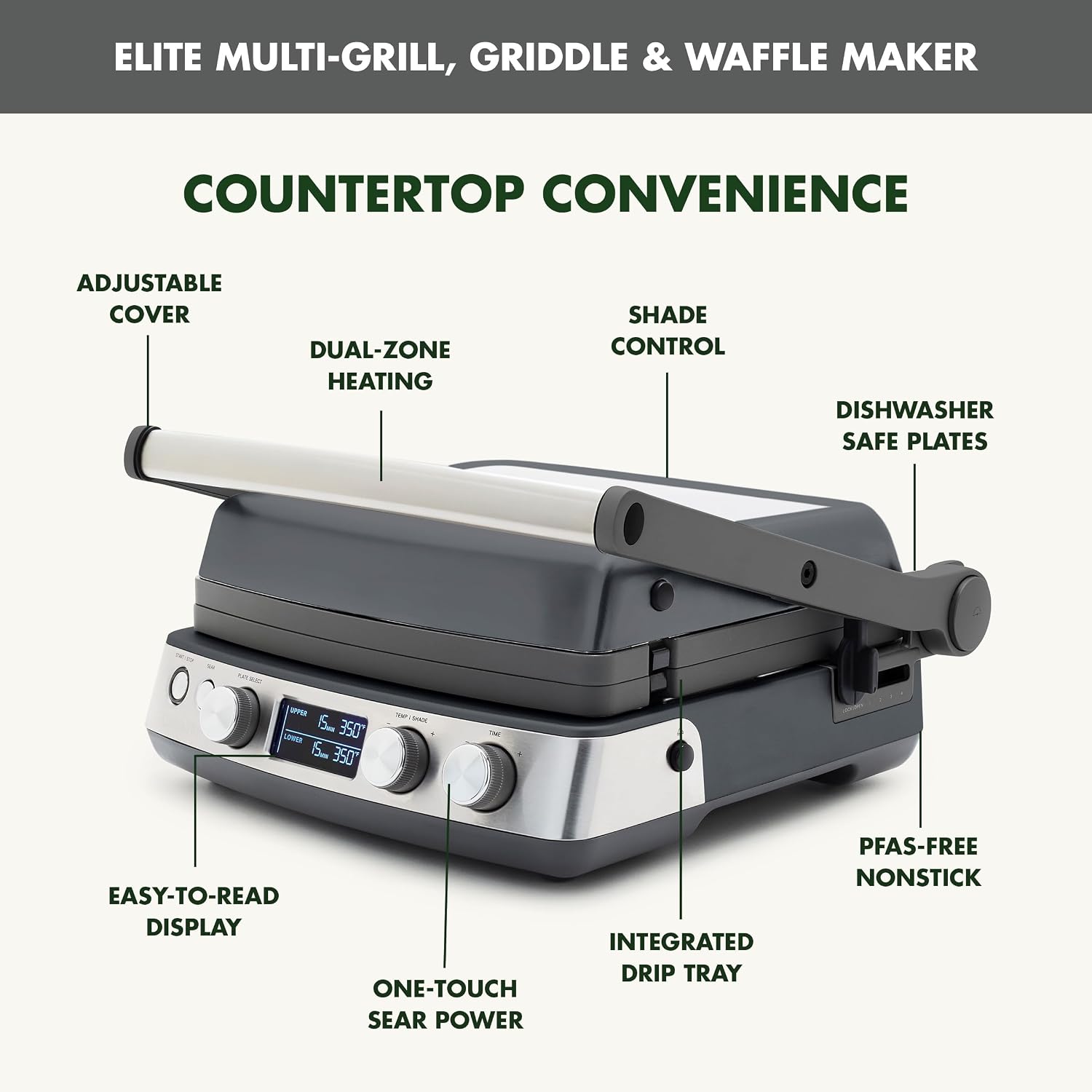 Elite 6-in-1 Multi-Function Contact Grill & Griddle, Healthy Ceramic Nonstick Reversible Plates, Adjustable Shade &