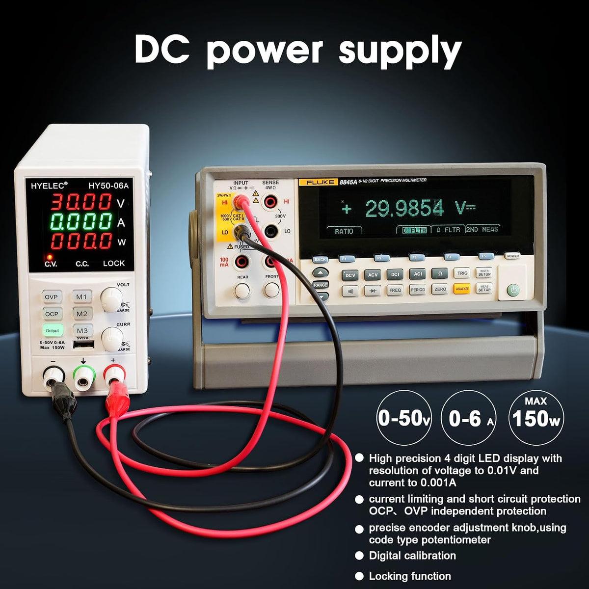 Variable DC Power Supply,0-50V 0-6A max150W Switching Regulated Bench Power Supply with Memory, 4-Digit LED Display, 5V2A USB Interface, Output Switch, Coarse and Fine Adjustments