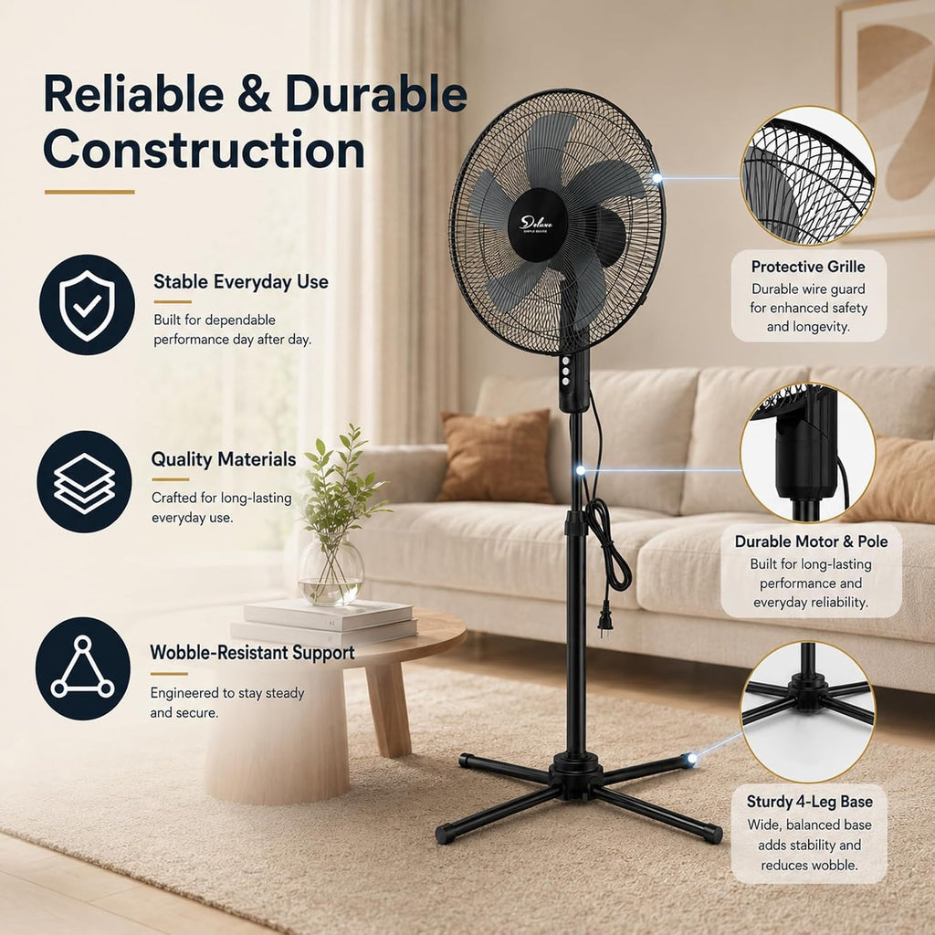 16" Oscillating Pedestal Fan for Bedroom, 3 Speed Standing Fan, Max 1350 CFM, 18ft/s Airflow, 90° Horizontal