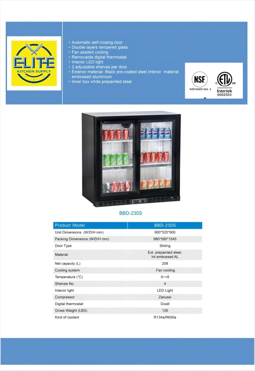 Commercial Back Bar Beer Cooler, ETL Restaurant Beverage Display Merchandiser Refrigerator, 208L 2 Slide Glass Door
