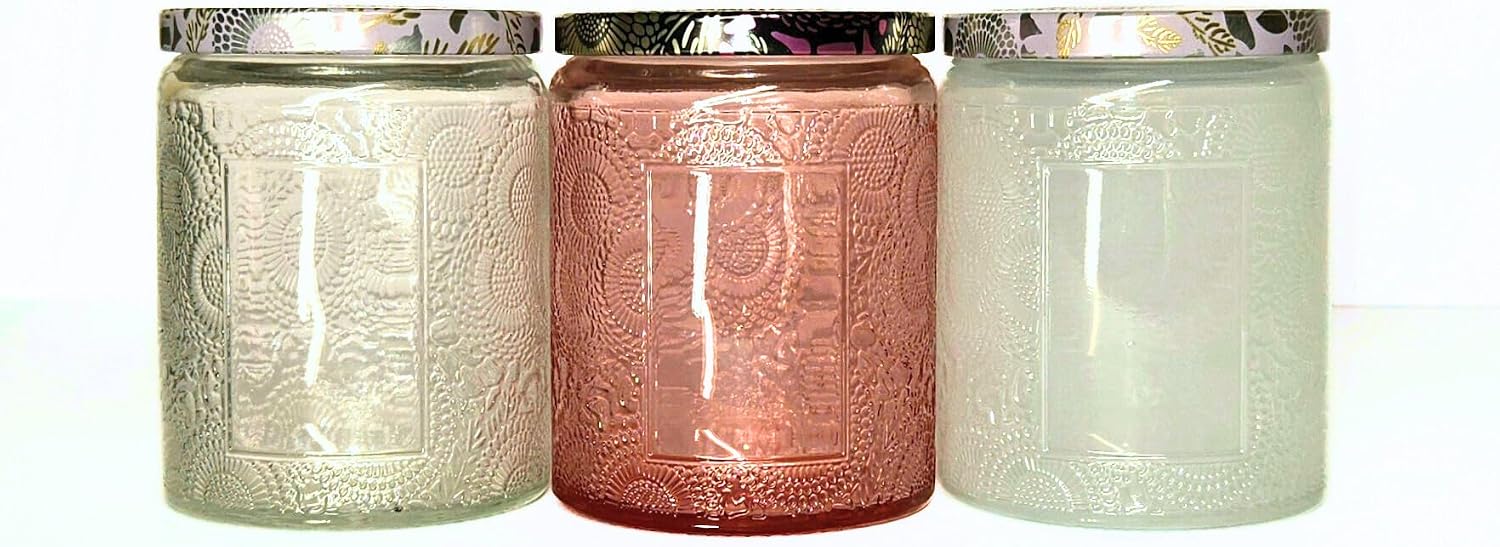 9oz/250ml Embossed Candle Jars – 6 Pack Empty Glass Containers with Tin Lids, Sticker & Warning Labels for Candle