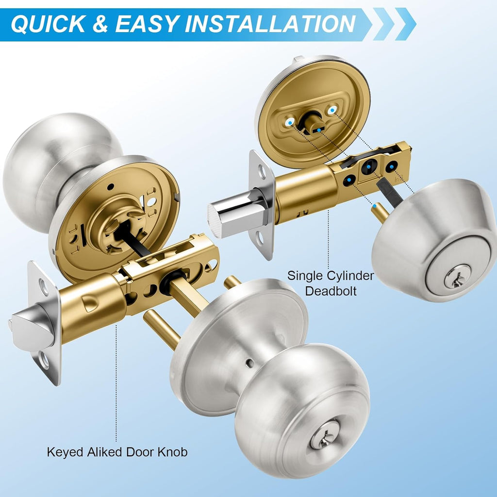 2 Pack Entry Door Lock and Single Cylinder Deadbolt Combo Set, Keyed Alike Satin Nickel Exterior Door Knobs with