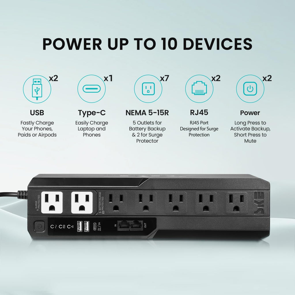 SKE VL425 425VA/240W UPS Battery Backup and Surge Protector - Uninterruptible Power Supply with AVR, 7 Outlets, USB