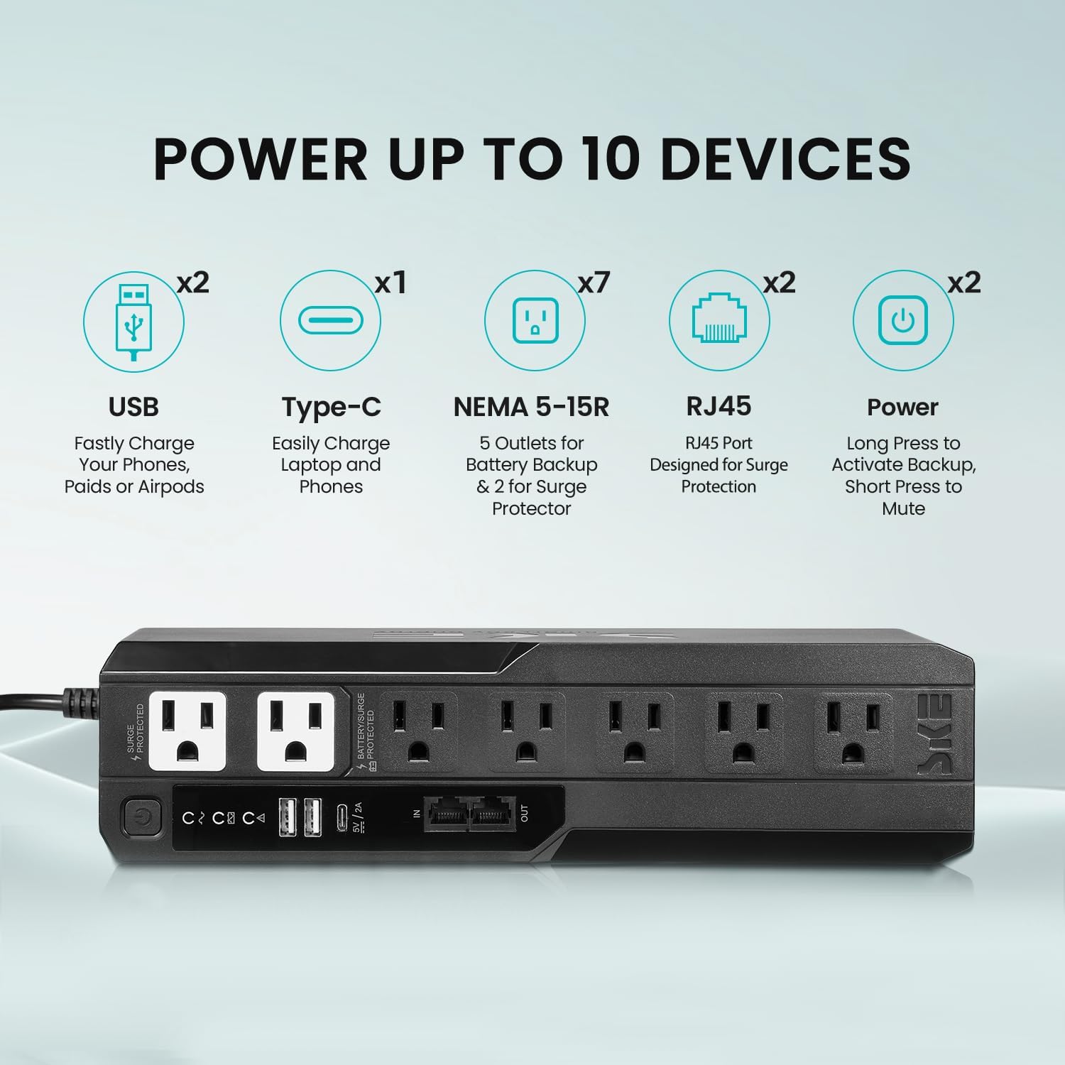 SKE VL425 425VA/240W UPS Battery Backup and Surge Protector - Uninterruptible Power Supply with AVR, 7 Outlets, USB