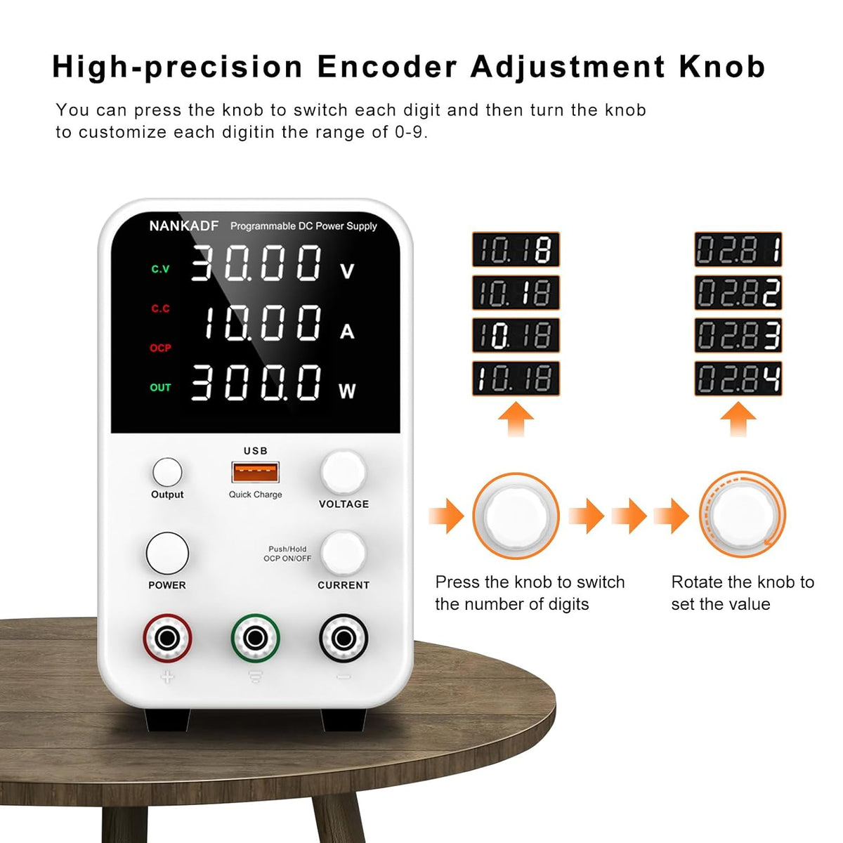 DC Power Supply Variable, Bench Power Supply with Encoder Adjustment Knob, Output Enable/Disable Button, Adjustable Power Supply with USB Quick-Charge, Short Circuit Alam (30V 10A White)