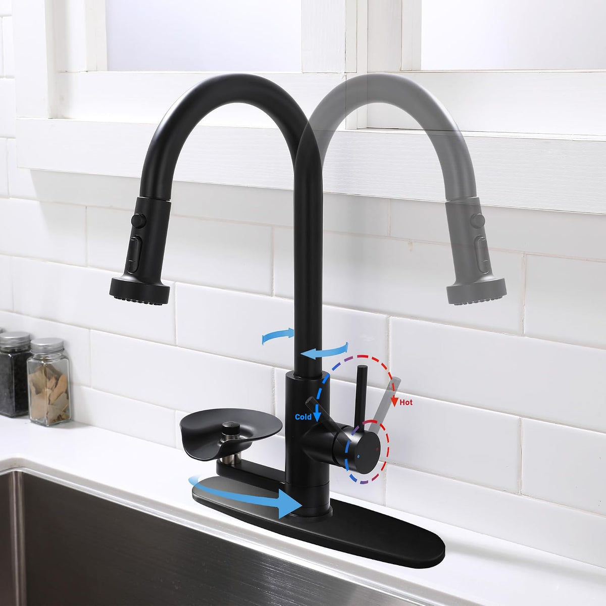 Pull Down Kitchen Faucet with Glass Rinser, 3 Spray Modes, Matte Black