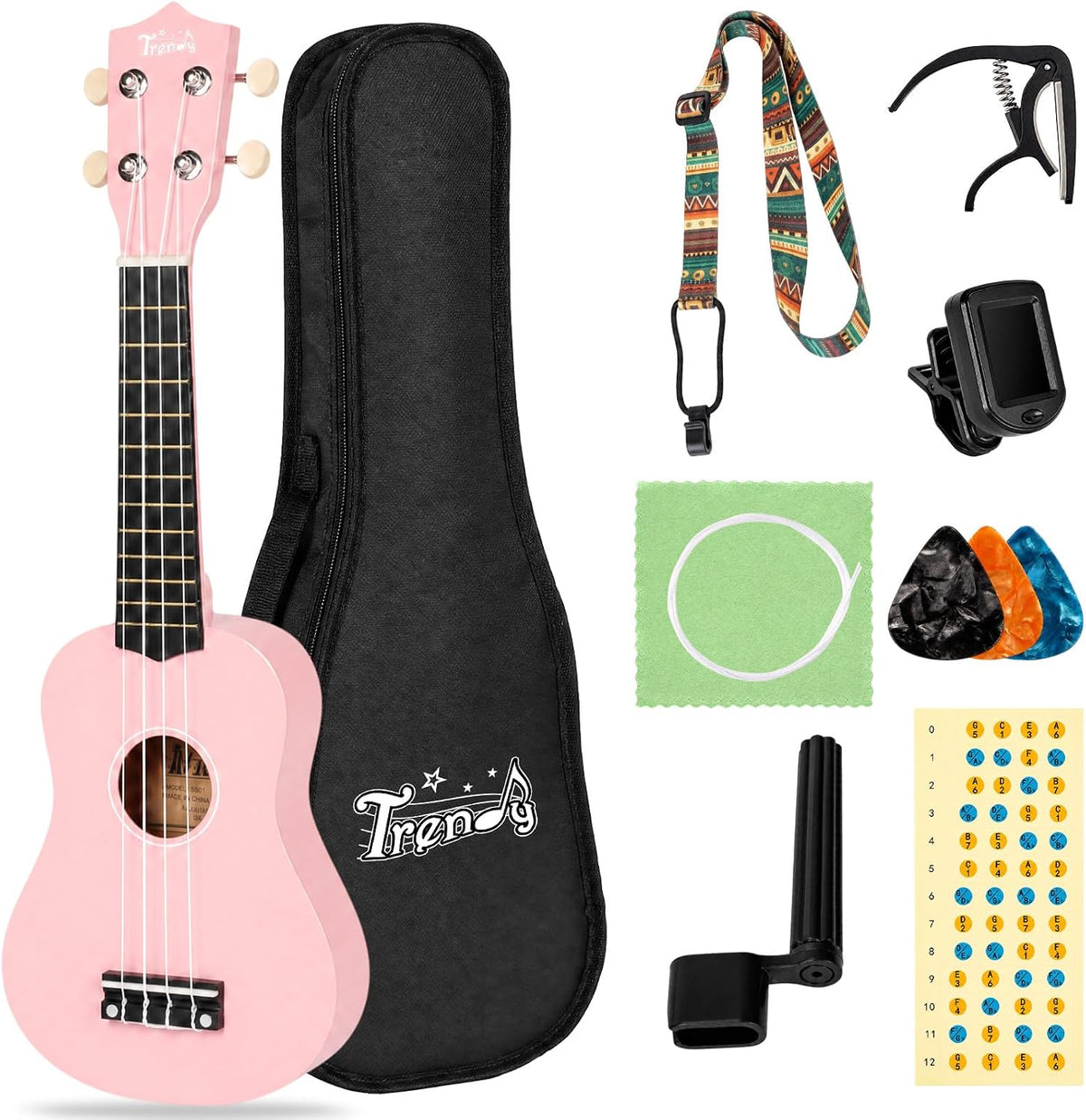 Soprano 21inch Ukulele Pink Beginner Kit Carrying Bag Tuner Strap Sqare String Fingerboard Stickers Ukulele For