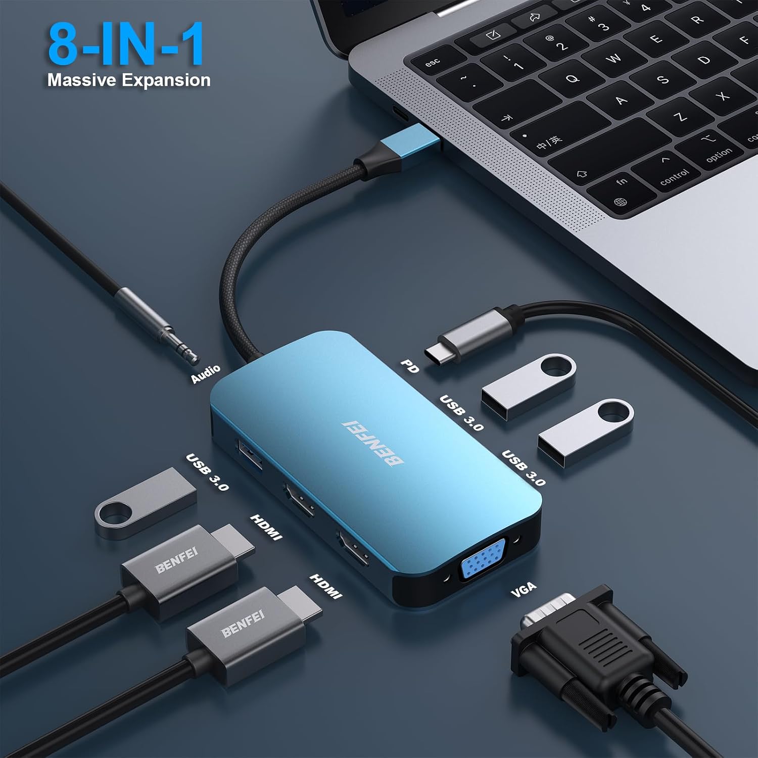 USB C Docking Station, 8-in-1 USB C Hub with Triple Display Dual HDMI, VGA, 3*USB 3.0, 100W Power Delivery, 3.5mm AUX