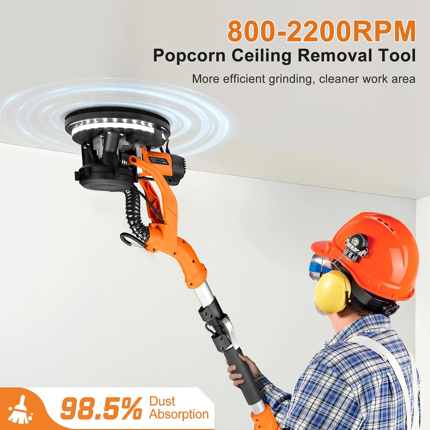 Drywall Sander, 1000W Popcorn Ceiling Removal Tool, Automatic Drywall Sander with Vacuum Dust Collection, LED Light