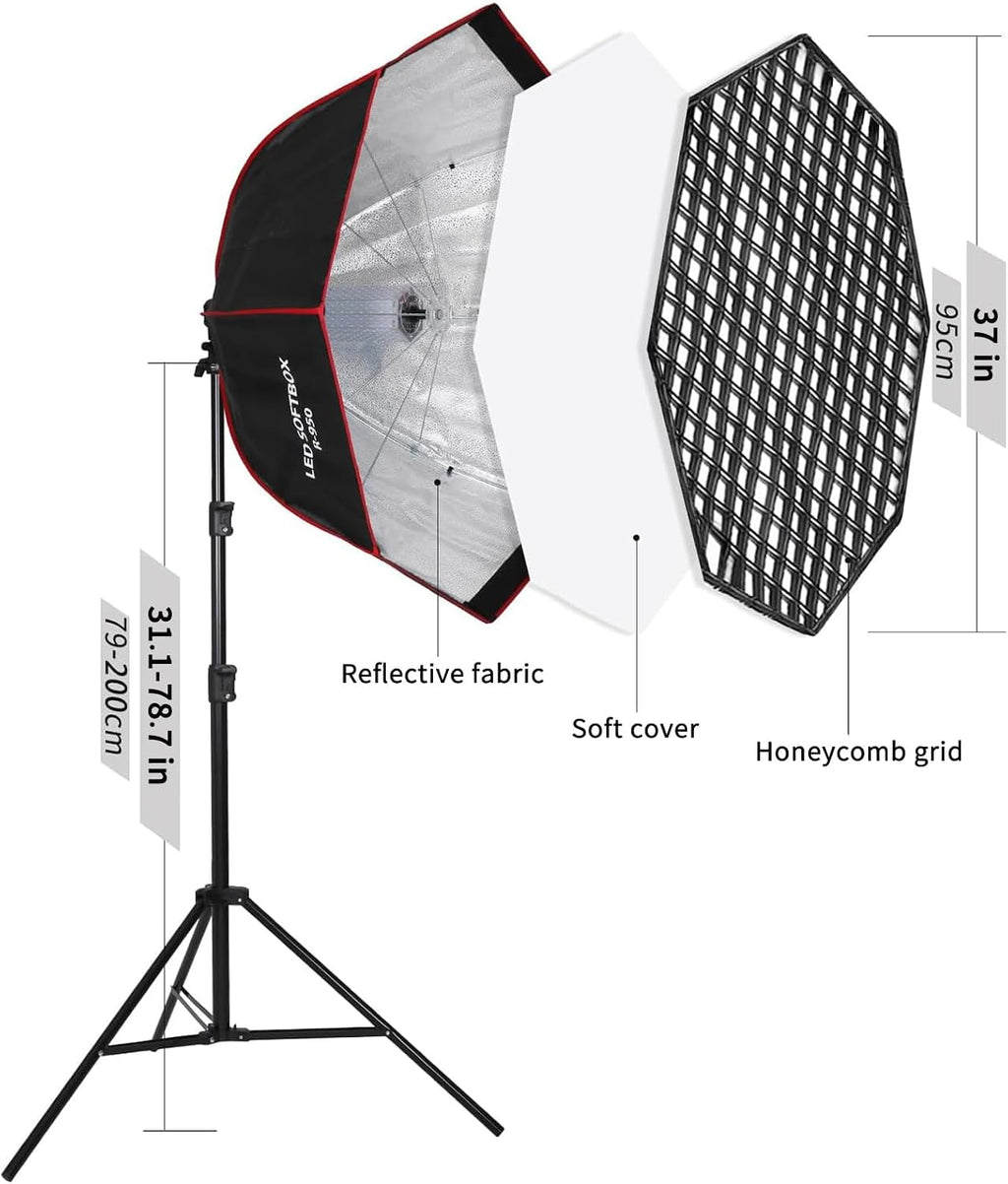 110W Octagonal Parabolic Softbox Lighting Kit with Honeycomb Grid | 37.4 " Large Soft Box with Remote Control/Stand