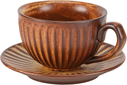 Vintage Design 11 oz Ceramic Latte Art Cappuccino Barista Cup with Saucer,Porcelain Vintage Embossed Tea Cup for