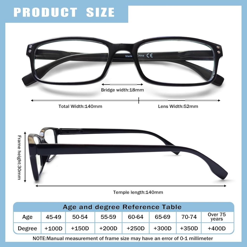 4 Pack Reading Glasses for Men and Women with Spring Hinges, Lightweight Black Rectangular Readers Eyeglasses
