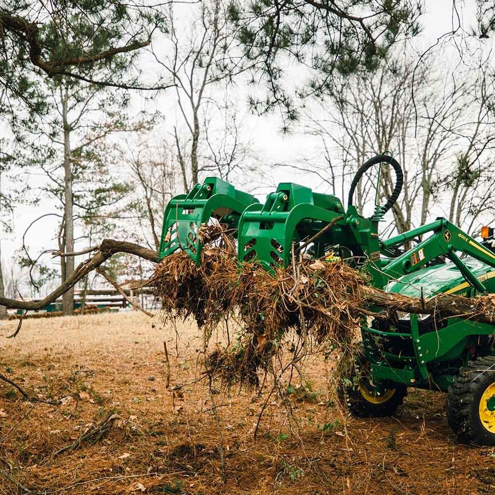 Grade 50 Standard Series Root Grapple Bucket Fits John Deere Hook and Pin, Dual Cylinder Hydraulic Design for