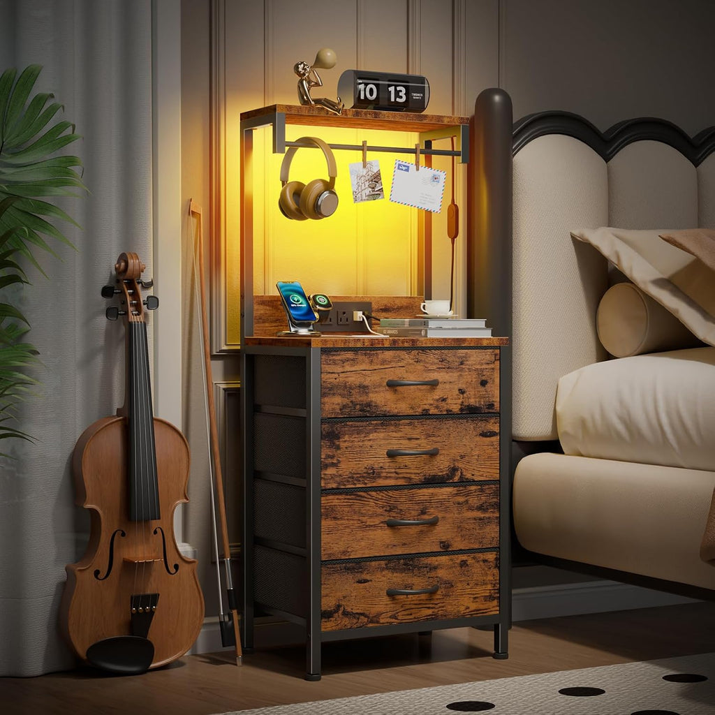 Night Stand Set 2, 38" Tall Bedside Table with Charging Station | RGB LED Lights, Storage Wood Shelves & 4 Fabric