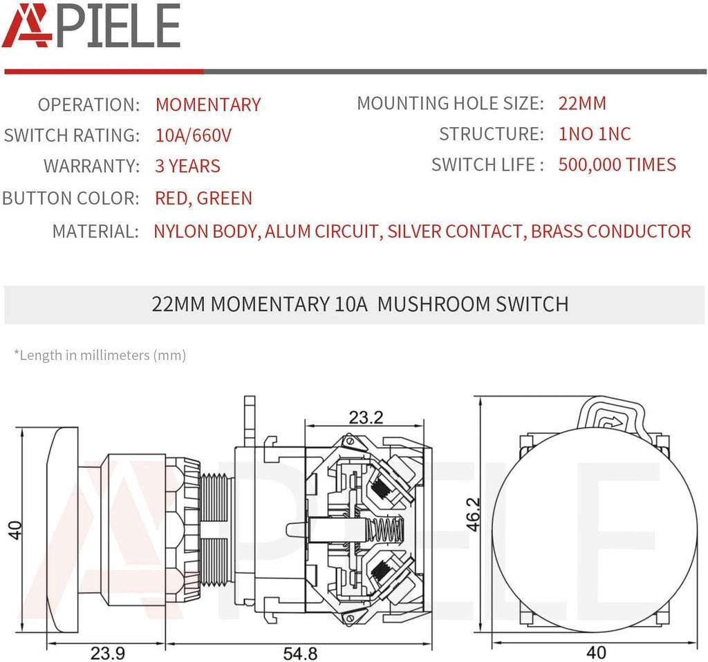APIELE 22mm Momentary Mushroom Head Push Button Switch 1NO1NC 7/8'' Mouting Size (Red)