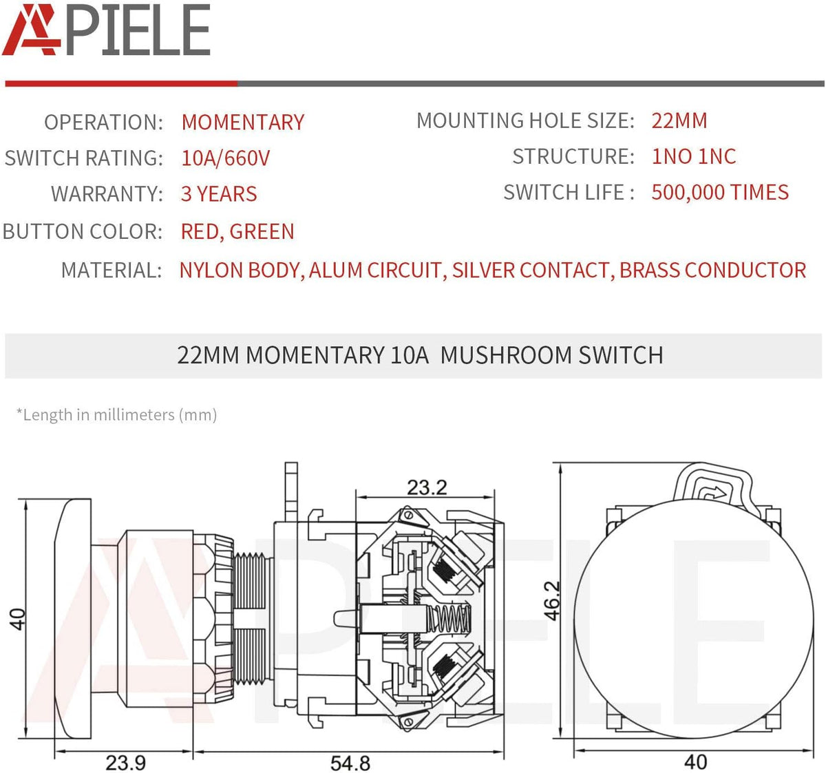 APIELE 22mm Momentary Mushroom Head Push Button Switch 1NO1NC 7/8'' Mouting Size (Red)