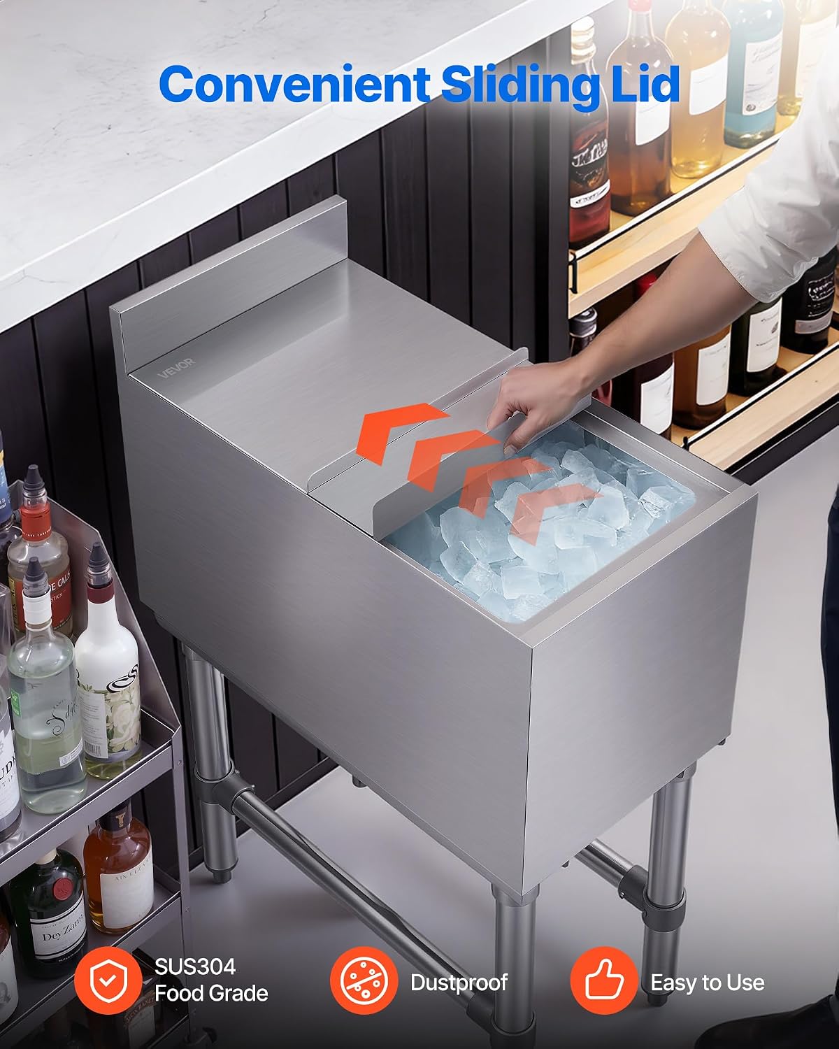 Commercial Ice Bin Stainless Steel Ice Chest with Sliding Lid, 24H Long-Lasting Insulation, Cooler Cart Cocktail Unit