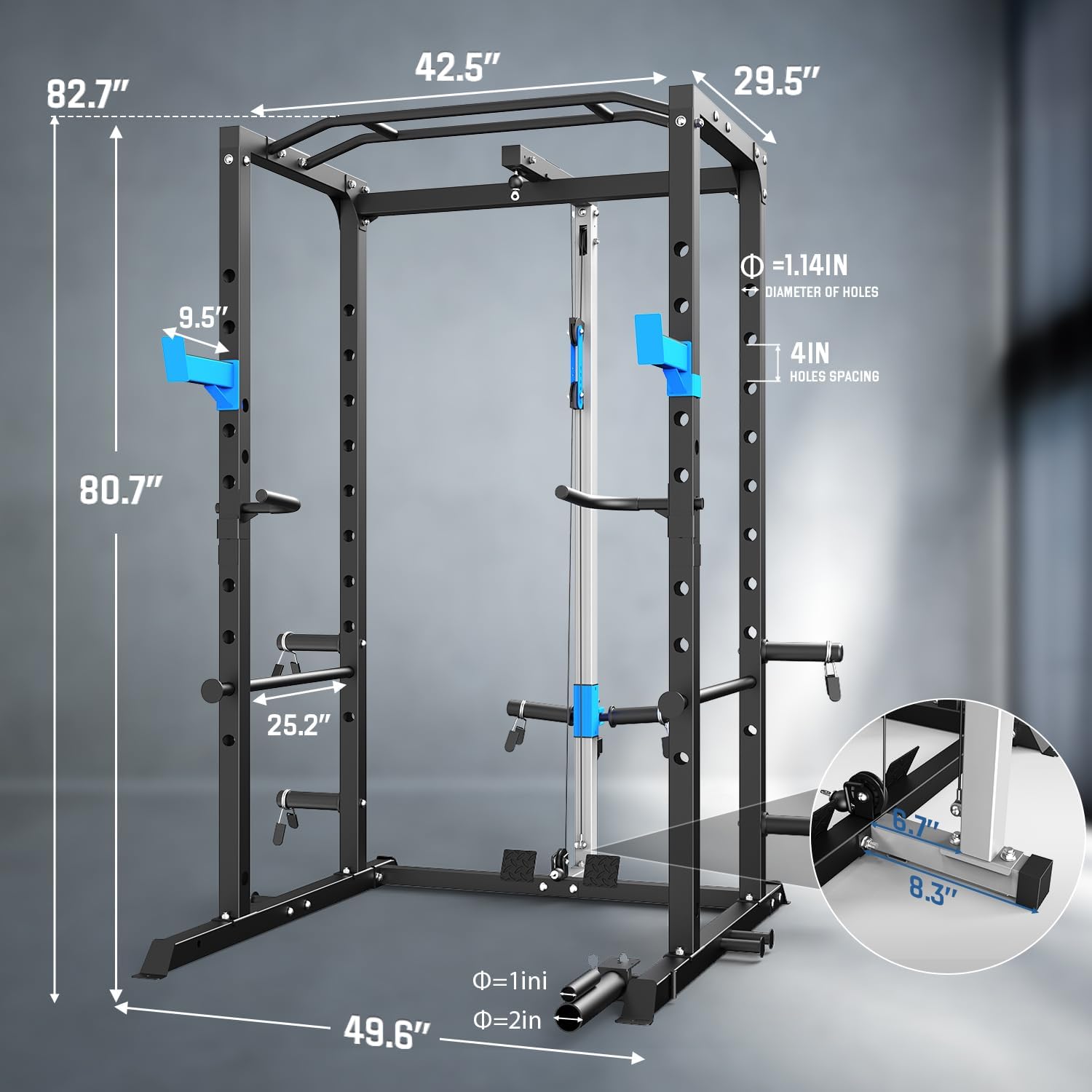 Power Cage, Multi-Functional Power Rack with J-Hooks, Dip Handles, Landmine Attachment and Optional Cable Pulley