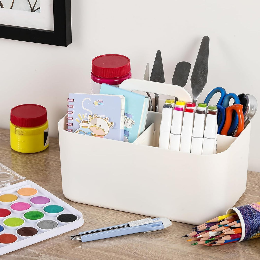 Multiuse Caddy Organizer with Handle, Portable Divided Plastic Tote Bin - Art Craft, Stationary Pen Marker Crayons