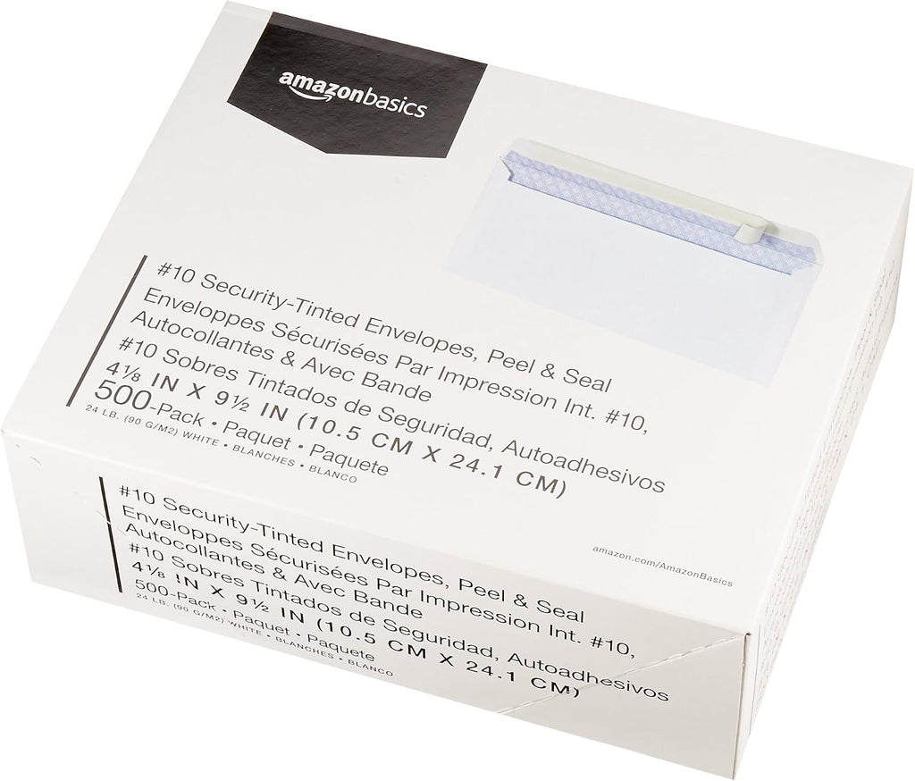 #10 Security-Tinted Self-Seal Business Envelopes for Documents, Privacy, Home & Office, White, 500-Pack