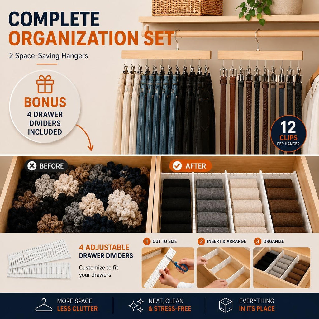 Closet Organizer Set - 2 Space Saving Hangers with Clips + 4 Drawer Dividers, Non-Slip Pants, Skirts & Caps Hanger