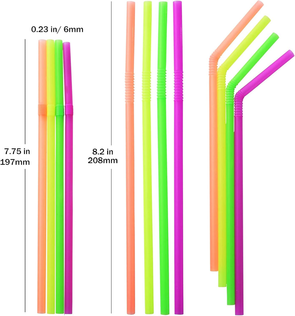 500-PCS Neon Colored Flexible Drinking Straws, Plastic Disposable Bendy Straws - 7.75" x 0.23"