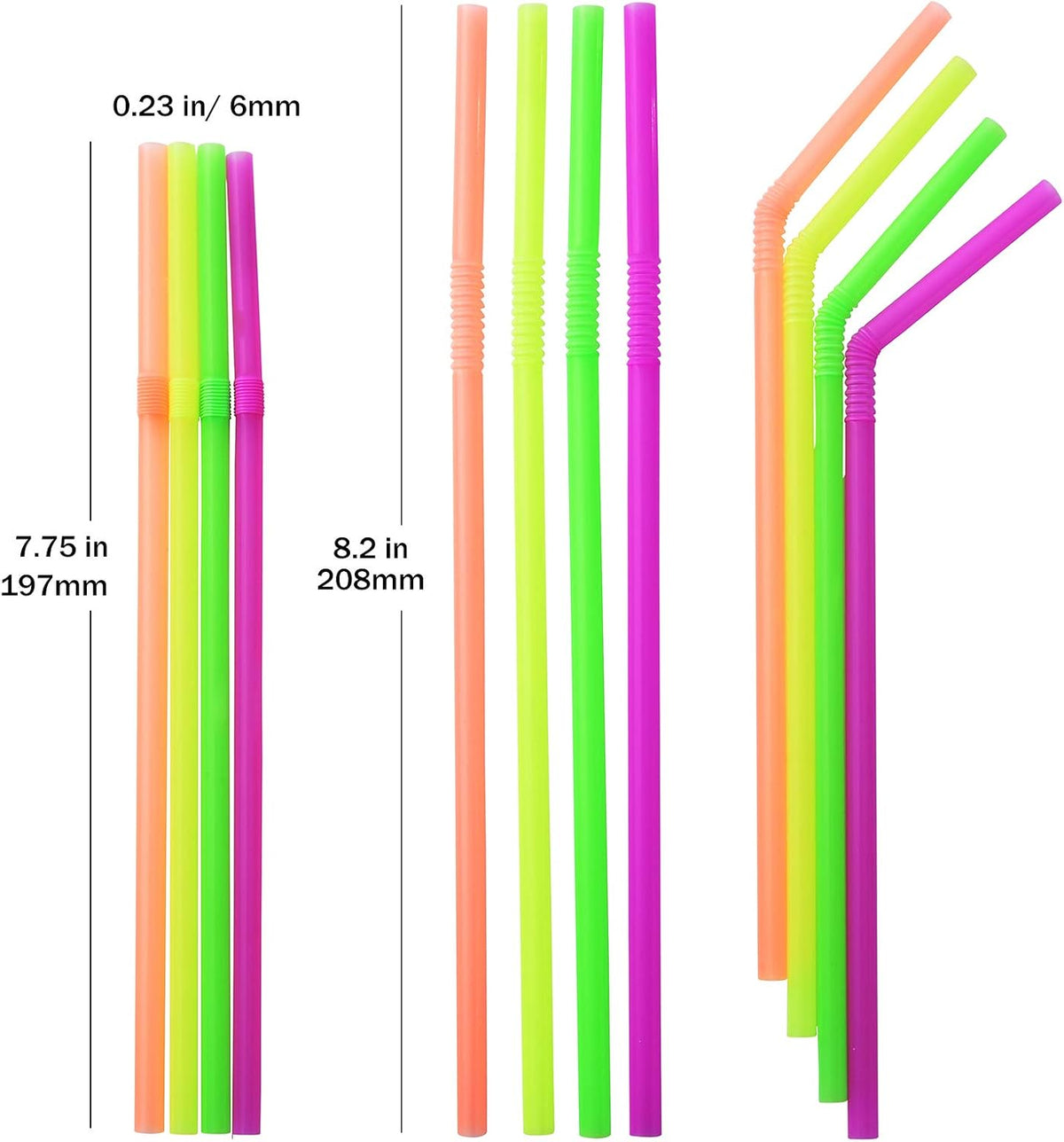500-PCS Neon Colored Flexible Drinking Straws, Plastic Disposable Bendy Straws - 7.75" x 0.23"