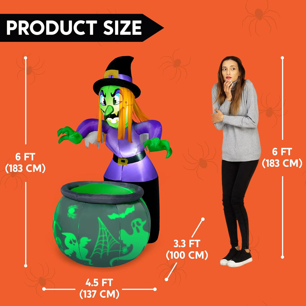 6 Ft Halloween Inflatable Witch and Cauldron Decoration with Projecting Rotating Green Ghost Light, Inflatable Yard