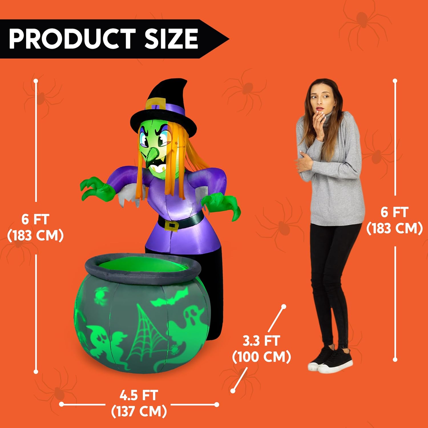 6 Ft Halloween Inflatable Witch and Cauldron Decoration with Projecting Rotating Green Ghost Light, Inflatable Yard