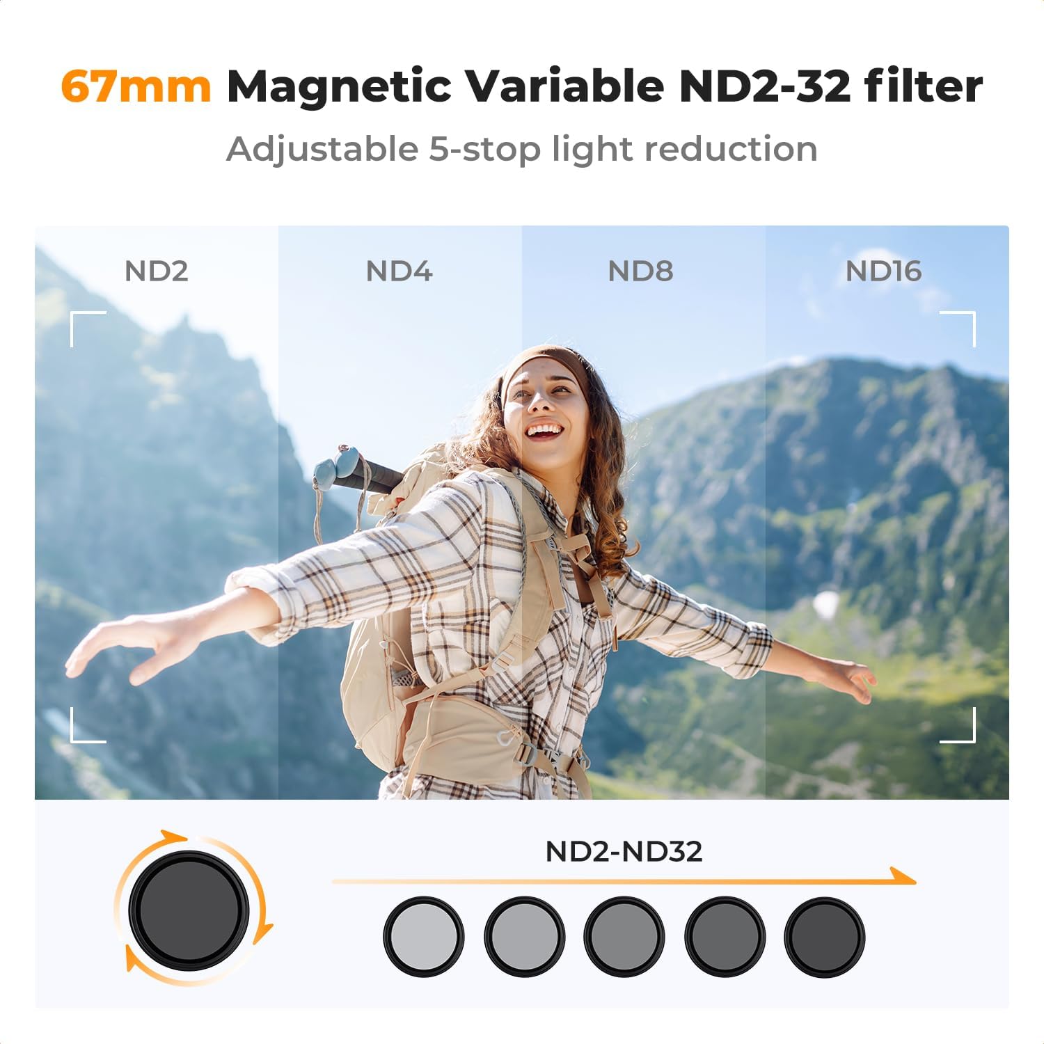 Clip On 67mm Variable ND2-32 Magnetic Phone Lens Filter Kit | Magnetic Adapter Ring/Cold Shoe/Locking Knob, Neutral