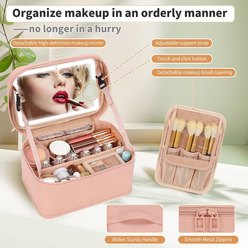 Makeup Bag With LED Mirror, Lightweight Travel Makeup Bag With 3 Color Setting Light Up Mirror Cosmetic Makeup
