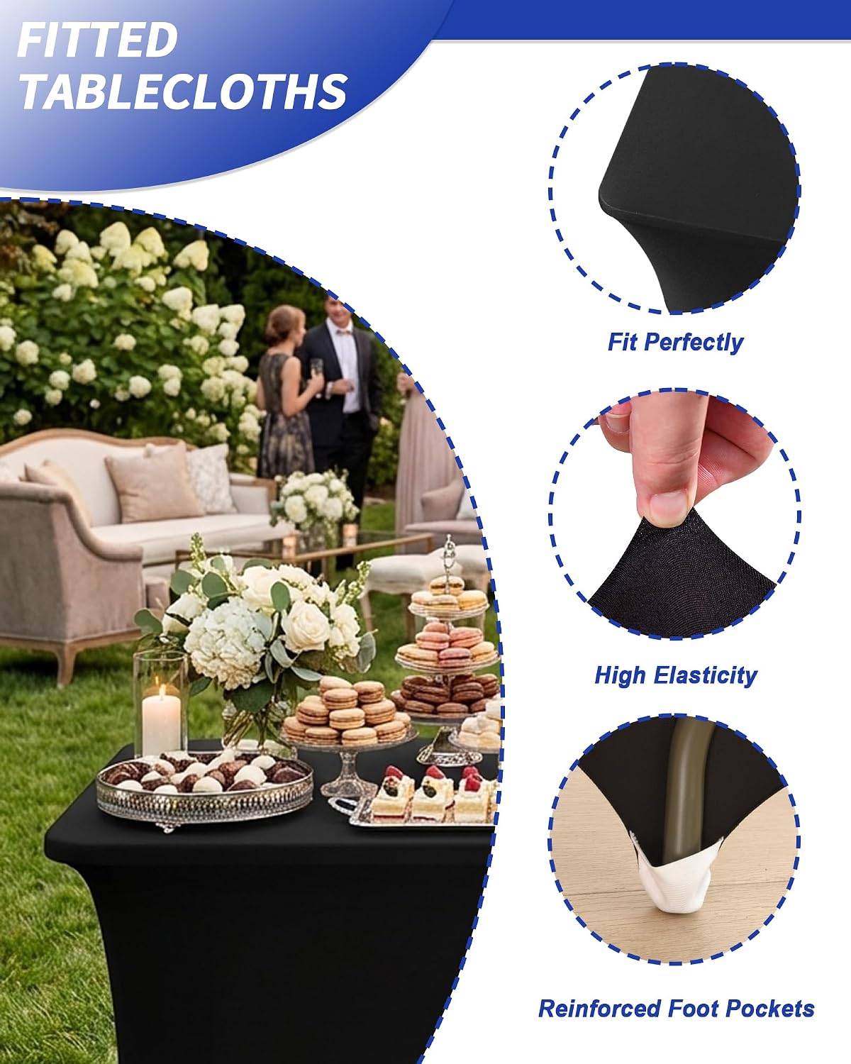 2 Pack 6FT Black Tablecloth Rectangle Spandex Fitted Table Cover