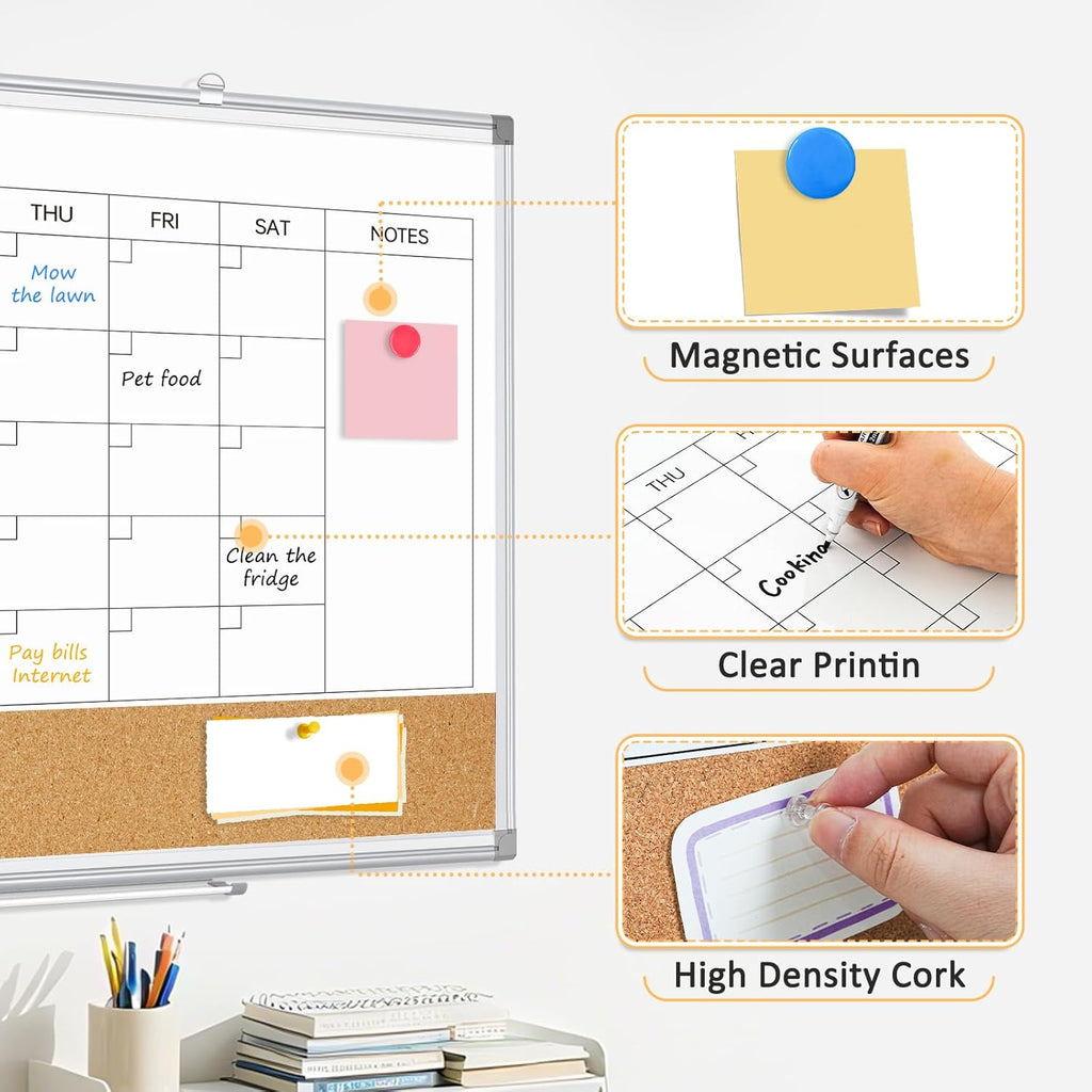 Large Dry Erase Calendar for Wall, 36"x24" Double-Sided Magnetic Whiteboard Calendar with Cork Board, Aluminum Frame