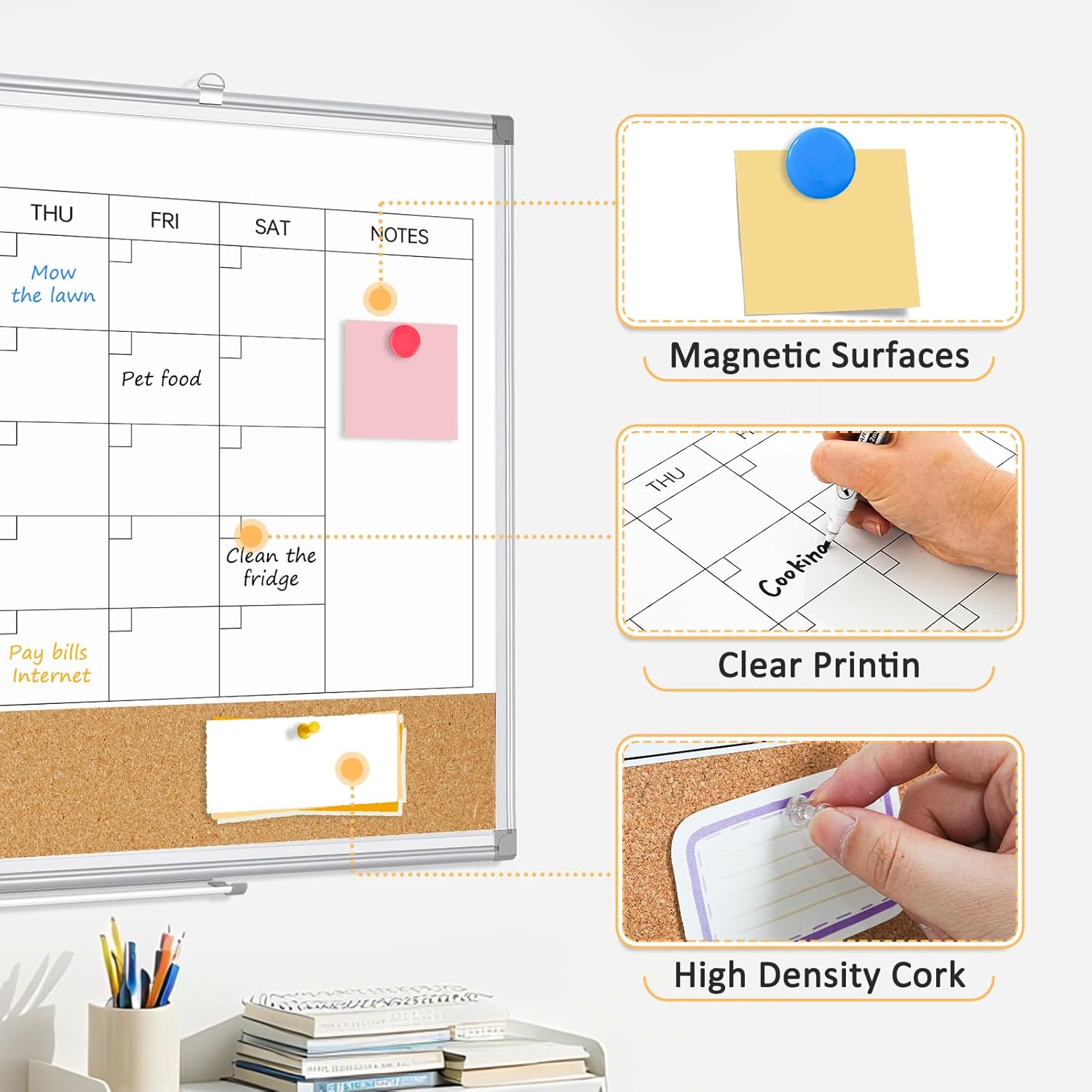 Large Dry Erase Calendar for Wall, 36"x24" Double-Sided Magnetic Whiteboard Calendar with Cork Board, Aluminum Frame