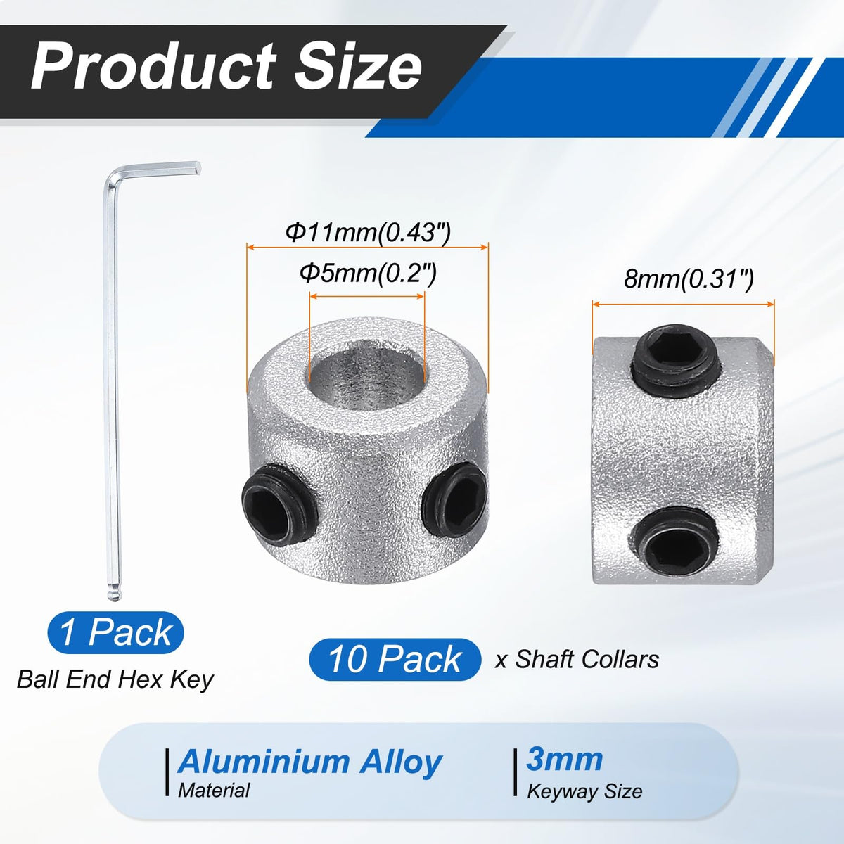 MECCANIXITY 10Pack Shaft Collar 5mm Bore 8mm Thick 11mm OD Silver