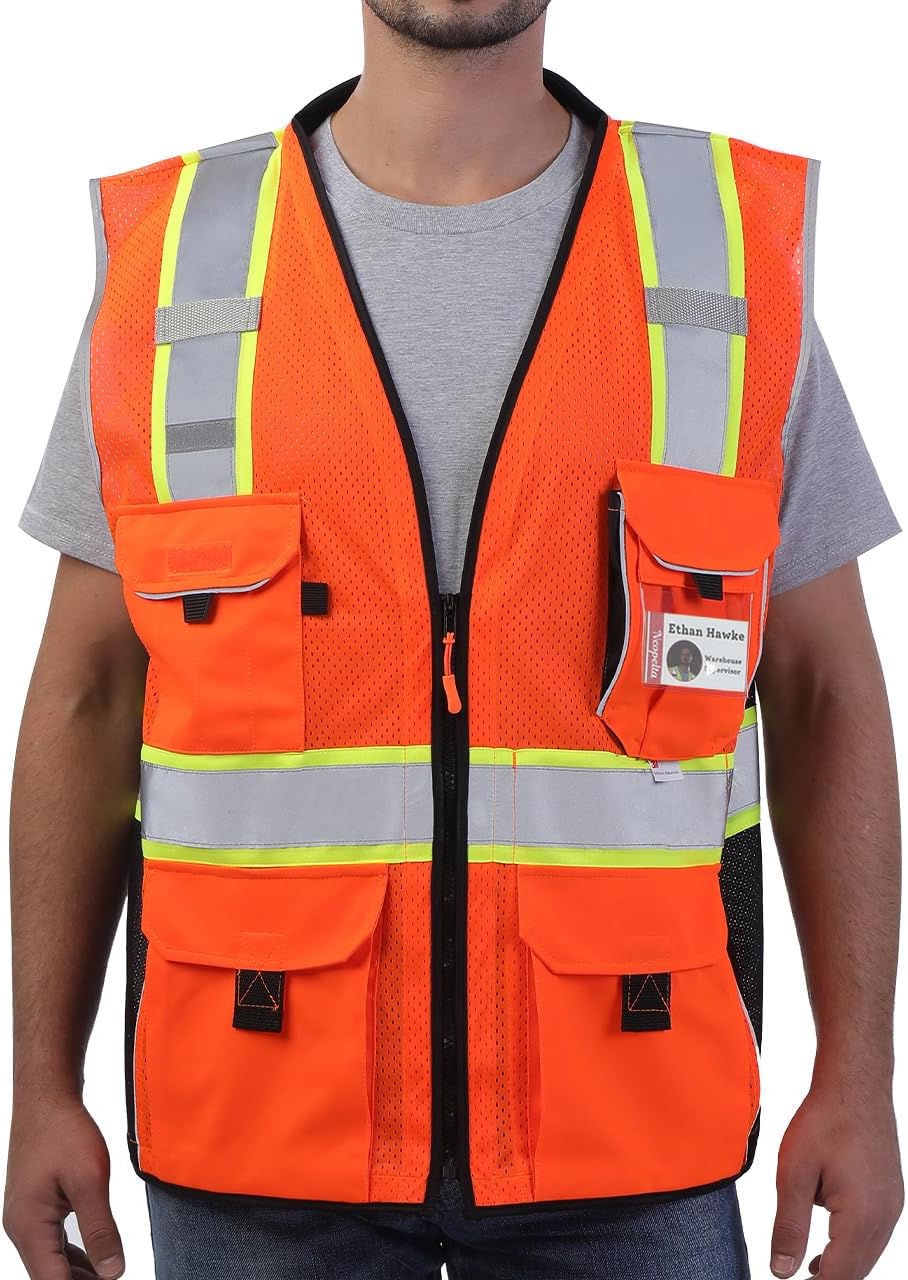 Heavy Duty ANSI Reflective Safety Vest with Pockets Orange Mesh XL | Made with 3M Reflective Tape, High Visibility