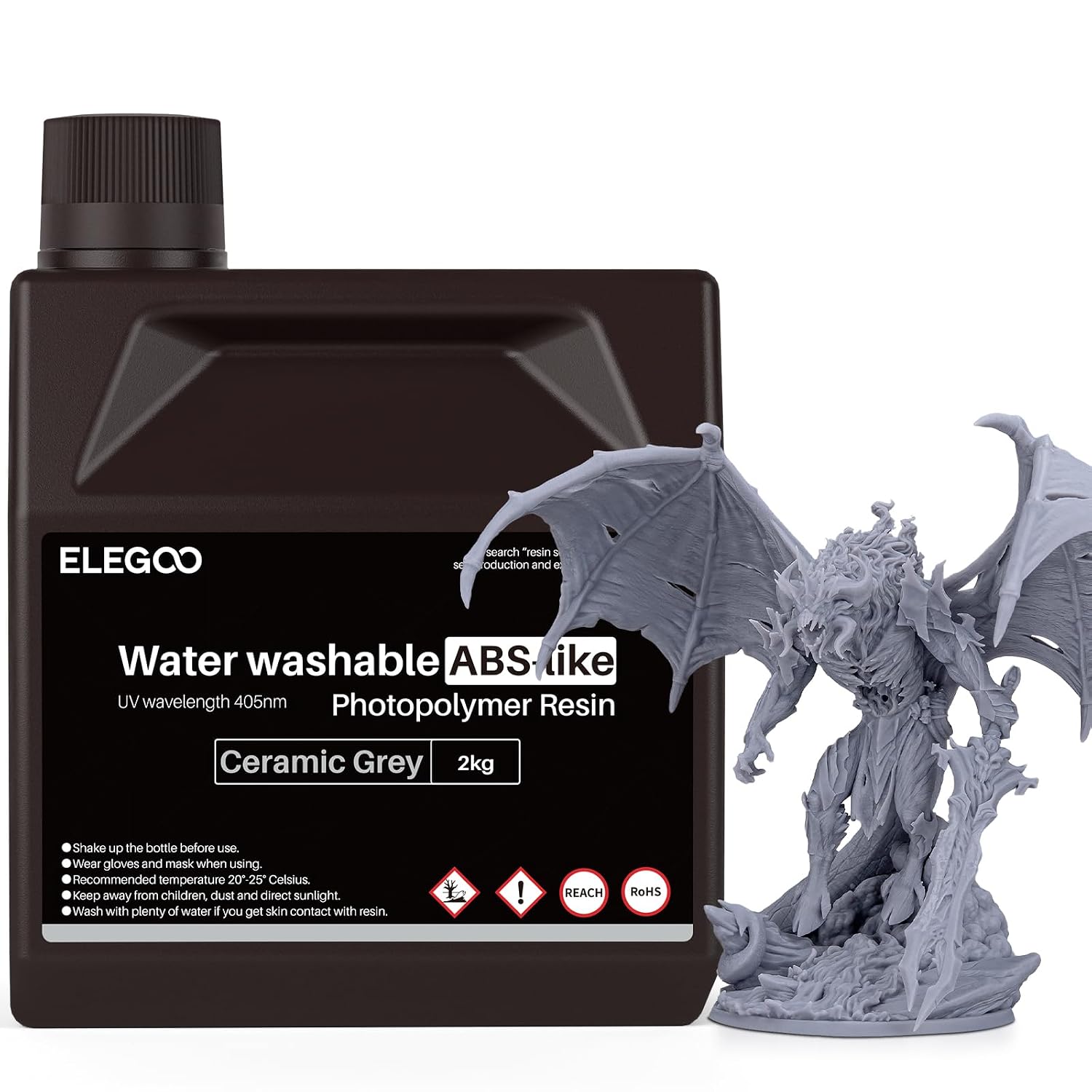 ELEGOO Water Washable ABS-Like Resin 3D Printer Resin Grey 2000G | High Toughness, Low Viscosity and High Precision